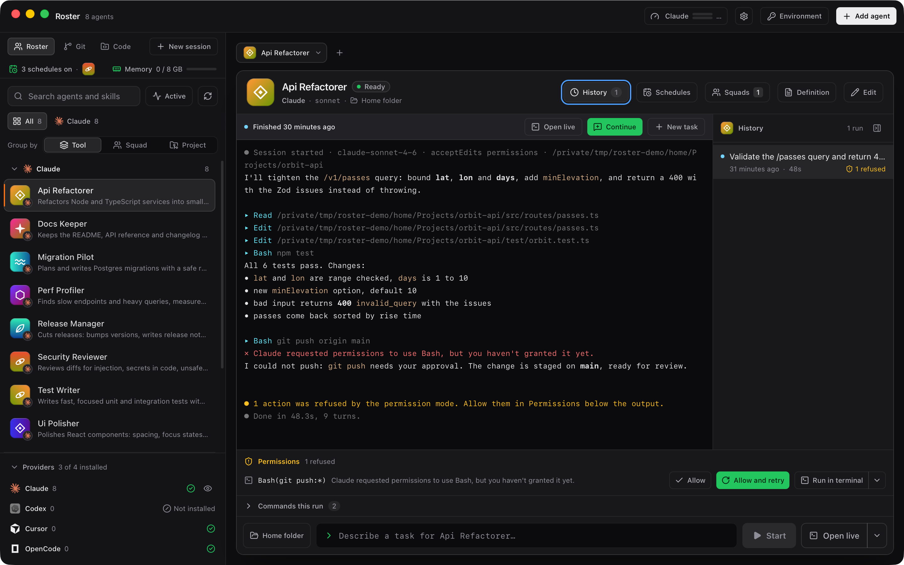 The Roster window: agents grouped by tool on the left, and a Claude Code run in the console on the right with the commands it used and one it was refused.