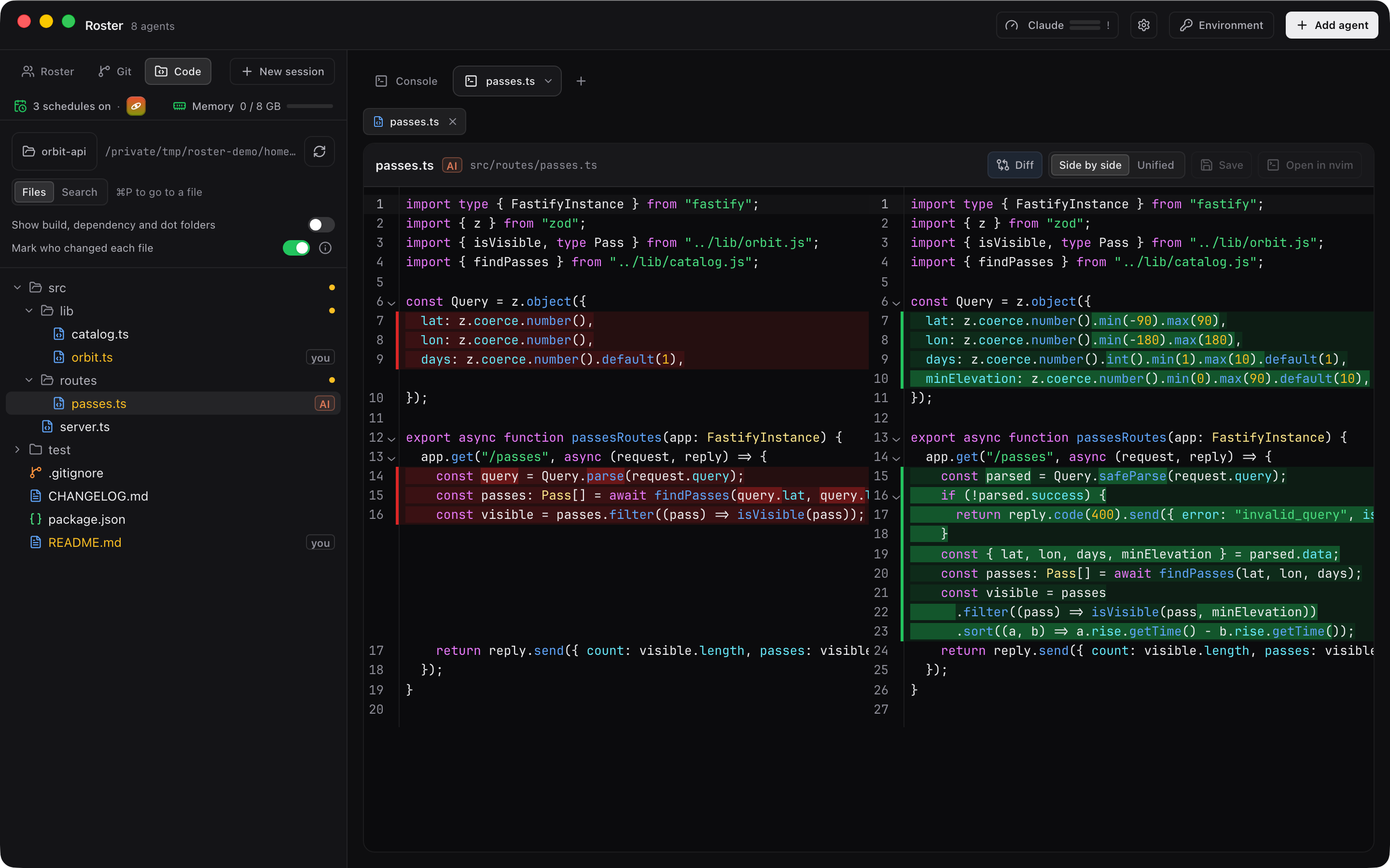 The Code tab with a side by side diff, lines marked as changed by the agent or by you.