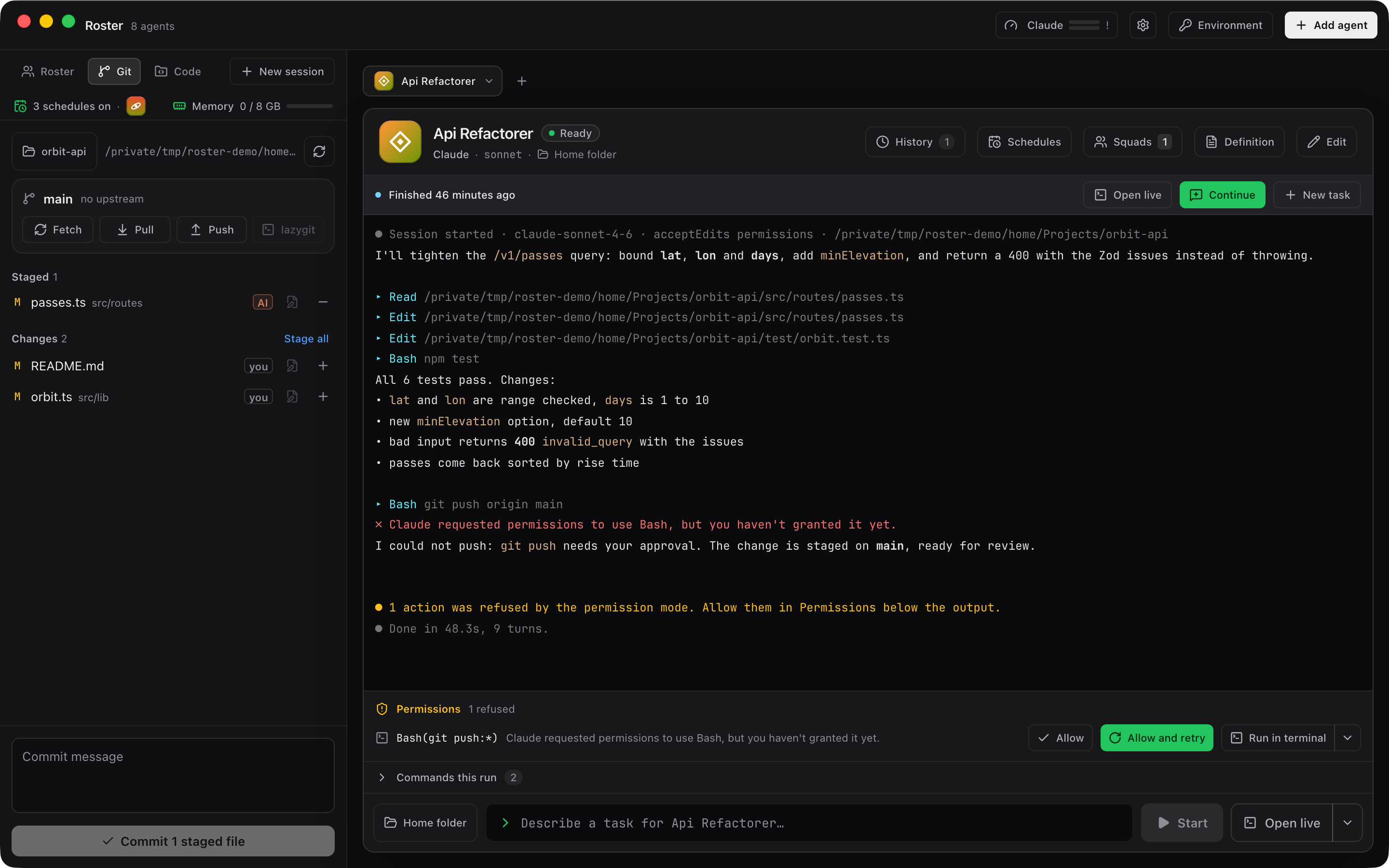 The git panel next to a shell tab, showing the changed files of the current project.