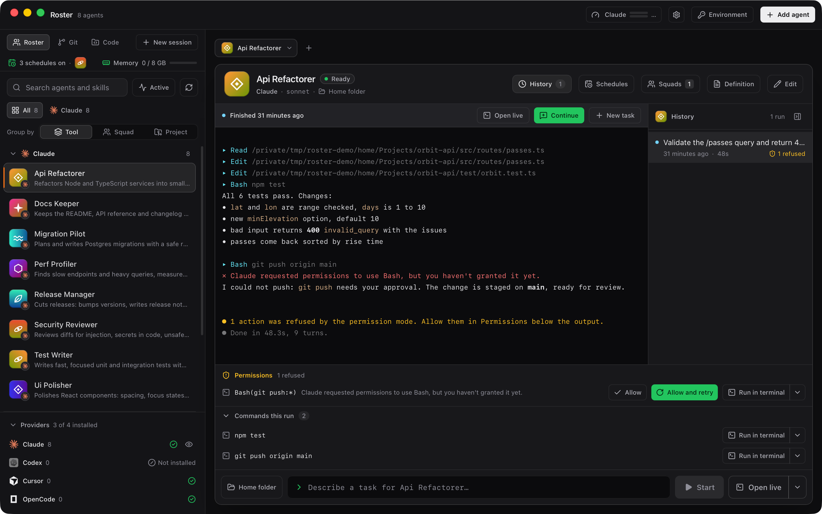 A Claude Code run in the Roster console with the permissions strip offering Allow, Allow and retry, and Run in terminal.
